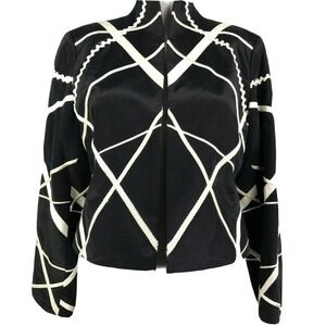 Linda Hutton Jacket Womens Sz 6 Black White Ribbon Applique Open Front Blazer